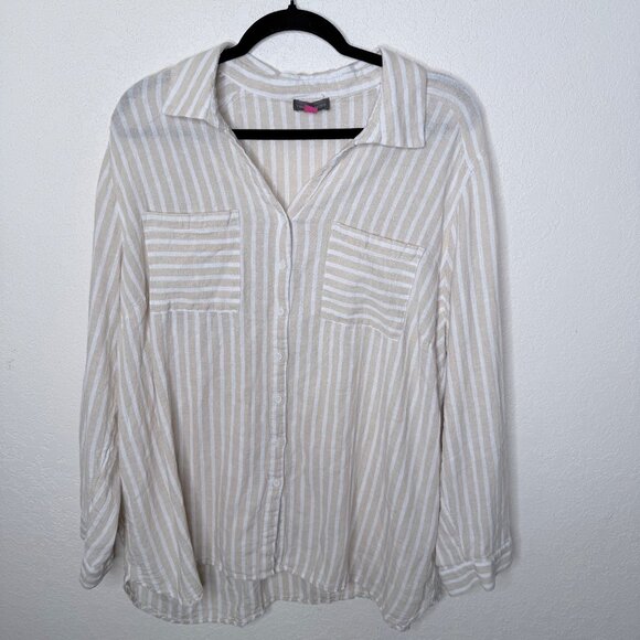 Vince Camuto Button-Down Shirt Womens Size 2X Striped Roll Cuff Sleeves Lagan Fa - Picture 1 of 7